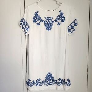 Lulus Tale to Tell Embroidered Mini Blue White Dress Vacation Summer Size Medium
